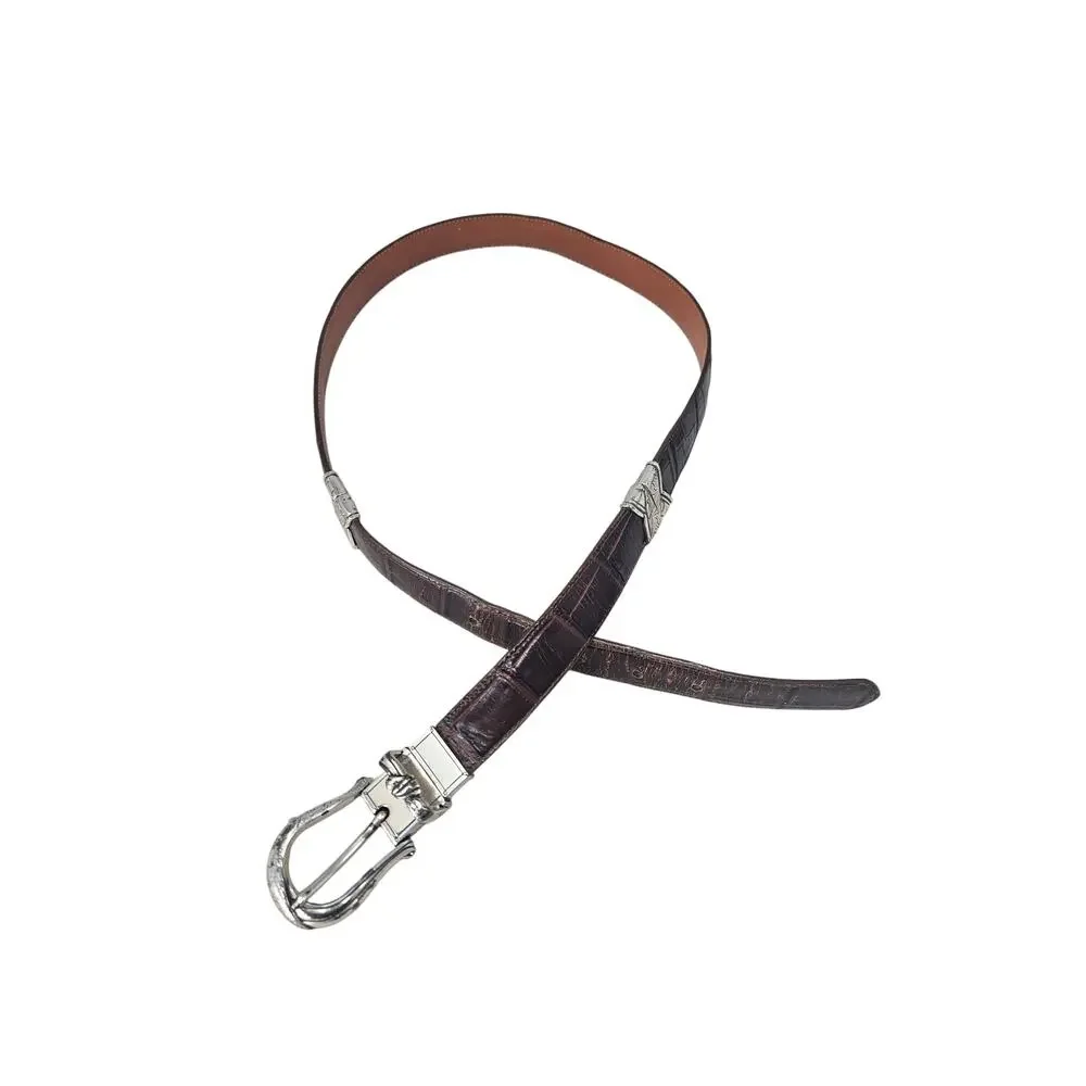 Vintage 90s Brighton XL 36 Brown Leather Flip Belt Minimalist Silver Croc